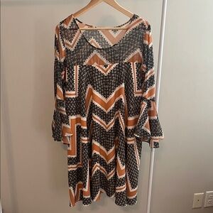 Paper Crown from Anthropologie. Geometric Pattern Dress in Navy and Orange
